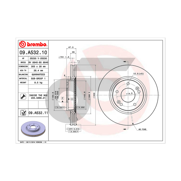 BREMBO จานเบรคหน้า TUCSON 2.0 4WD ปี10, SPORTAGE III (SL) 1.6 GDI | 300 MM. 5รู