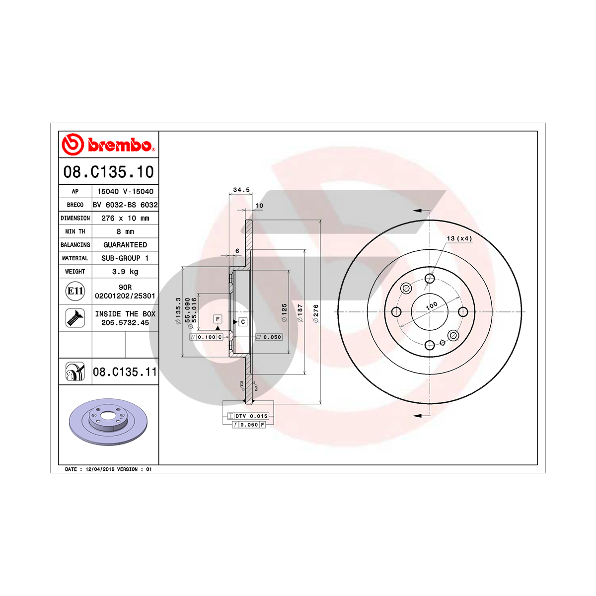 BREMBO จานเบรคหลัง MX-5 NB ปี98-05 |276MM. 5รู