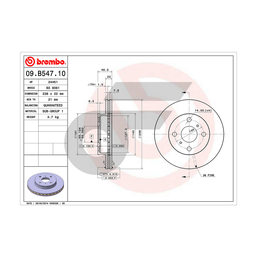 BREMBO จานเบรคหน้า AE100, 101 AT171,AE111, 112 | 238 MM. 4รู