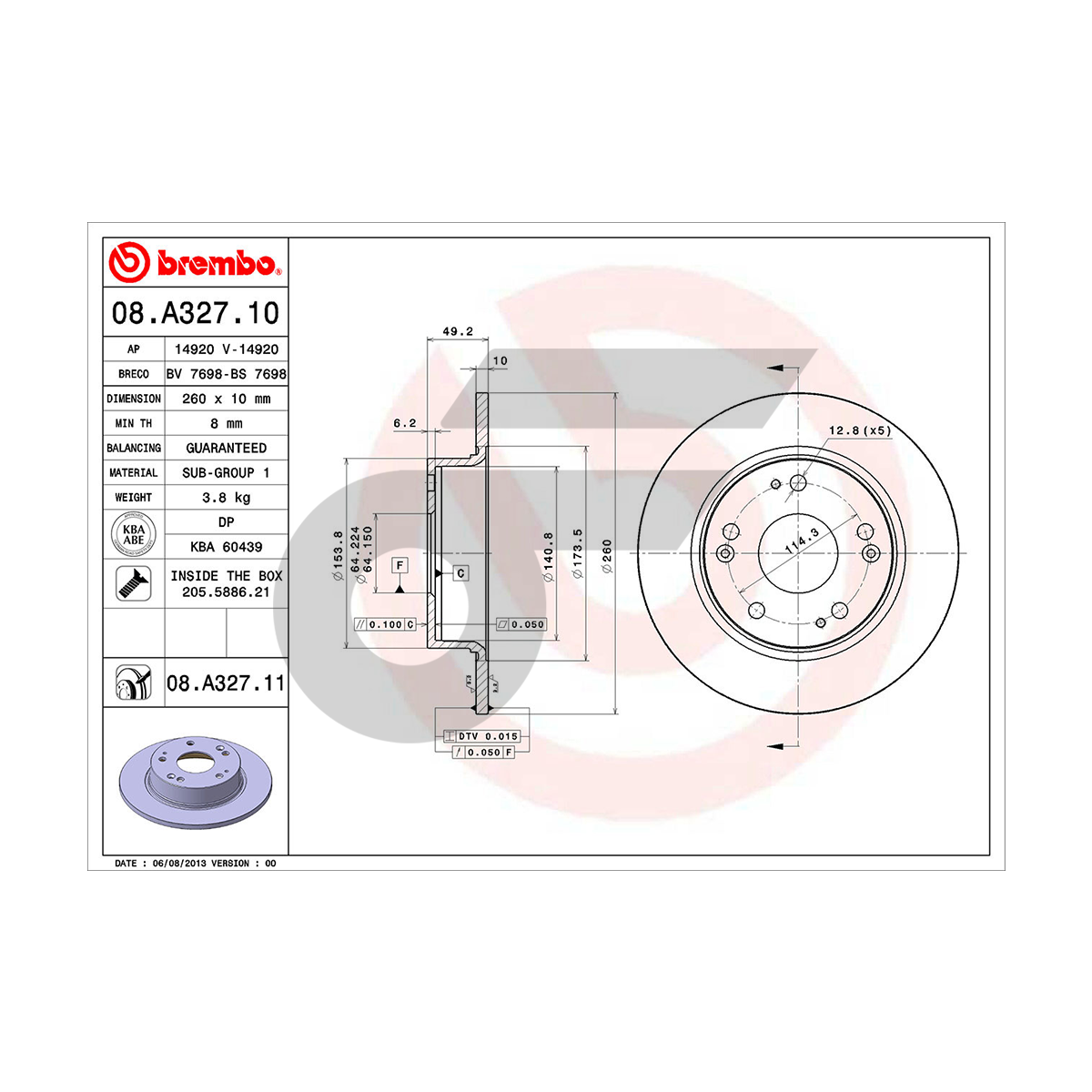 BREMBO จานเบรคหลัง ACCORD งูเหา 2.0 2.4, ปลาวาฬ 2.4, 3.0 ปี03-07 |260MM. 6รู