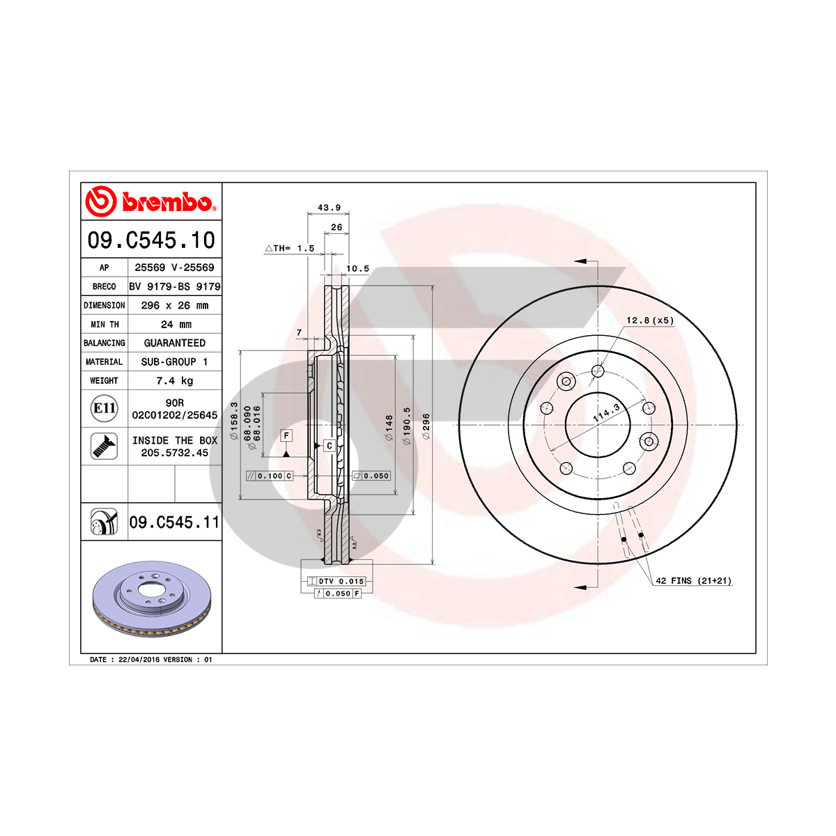 BREMBO จานเบรคหน้า X-TRAIL T32 ปี14-ON |296MM. 5รู