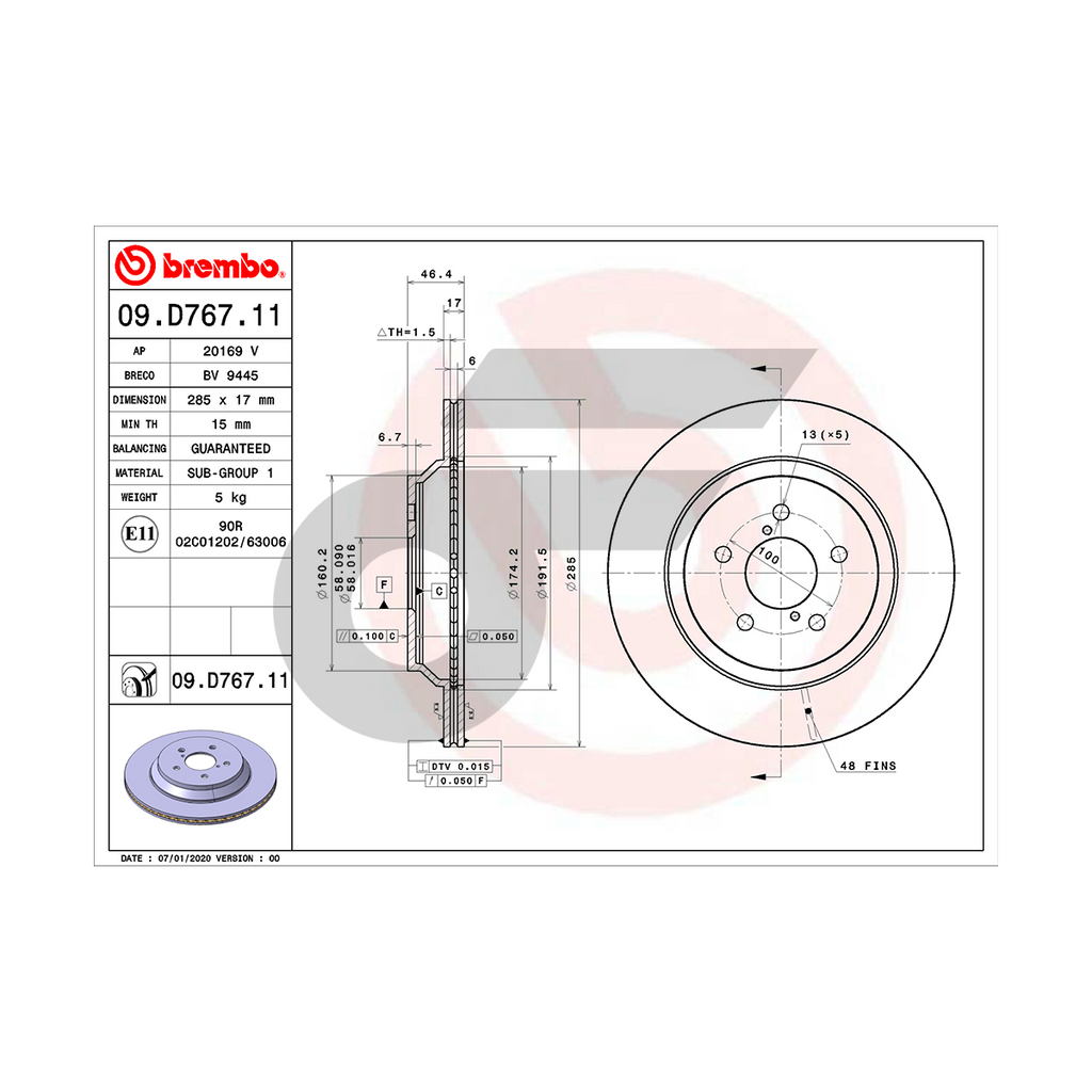 BREMBO จานเบรคหลัง IMPREZA, XV 2.0I AWD (GT, GK) ปี17-ON | 285 MM. 5รู