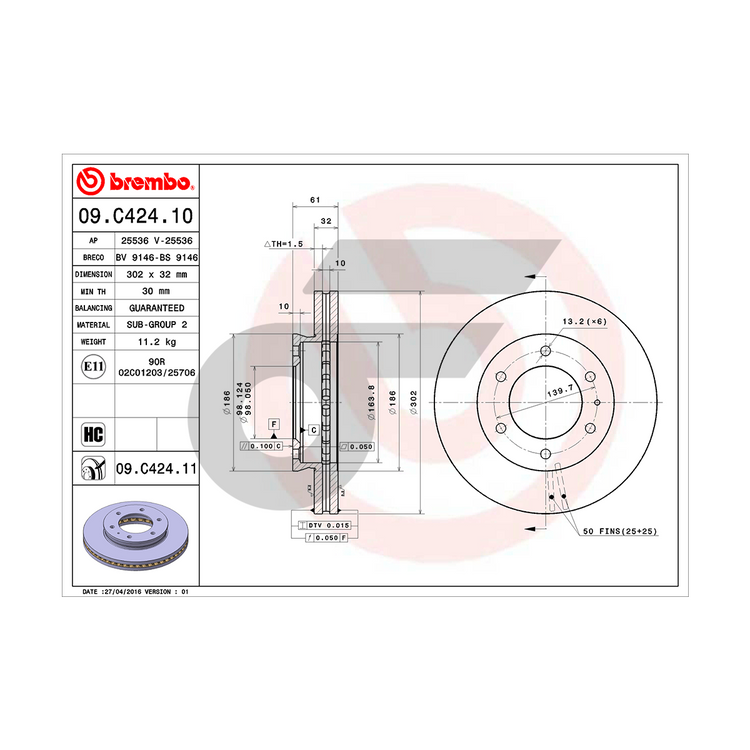 BREMBO จานเบรคหน้า BT50 PRO, RANGER T6 | 302 MM. 6รู