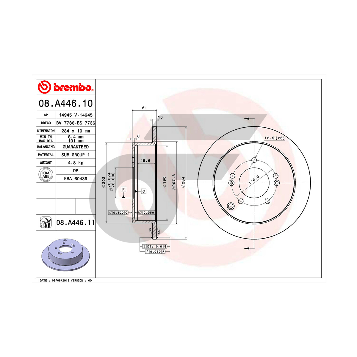 BREMBO จานเบรคหลัง TUCSON 2.0 4WD ปี10, KIA SPORTAGE II 2.0 CRDI 4WD ปี10 |284MM. 4รู