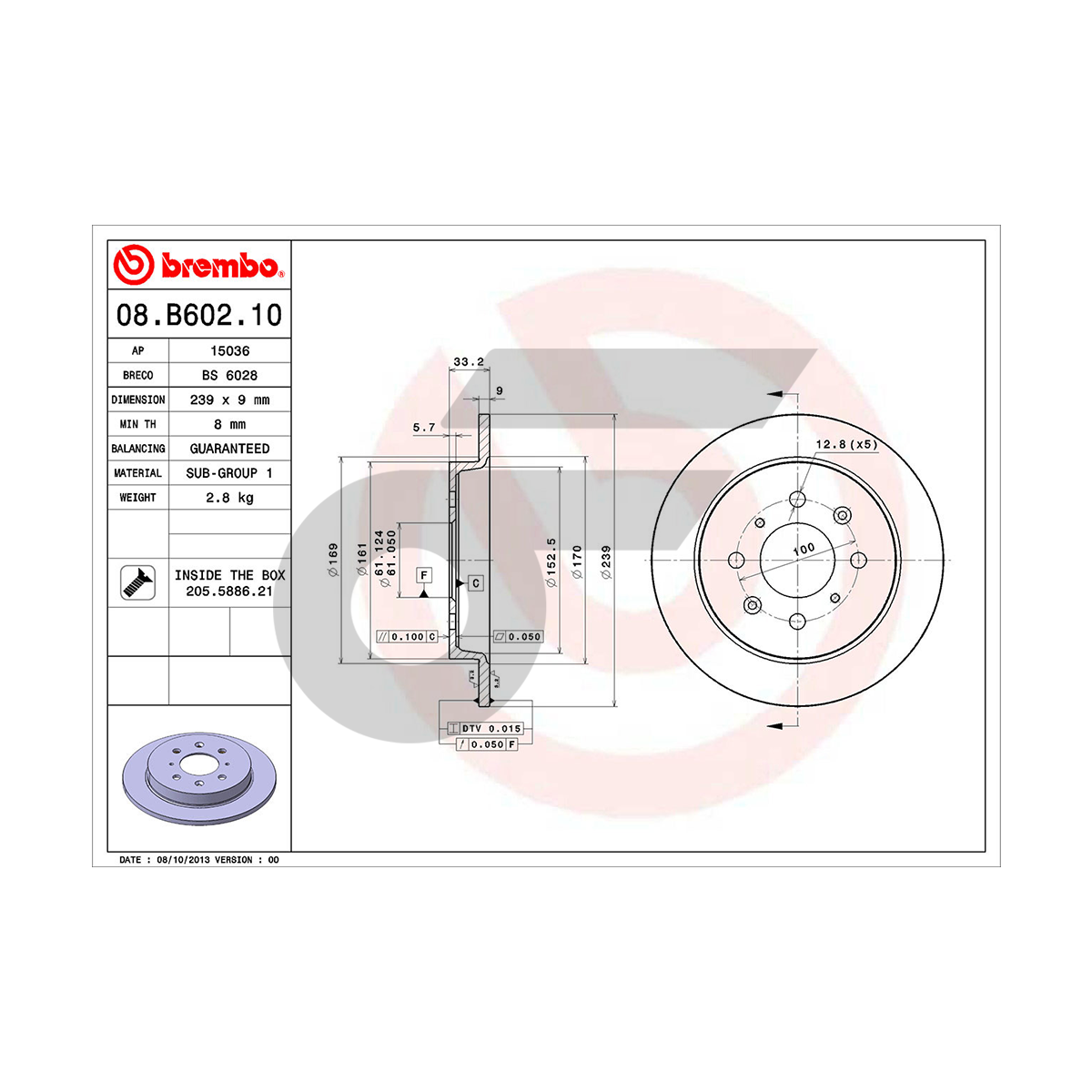 BREMBO จานเบรคหลัง CITY GM ปี09-14, JAZZ GE1.5 '08 ปี08-ON |239MM. 5รู