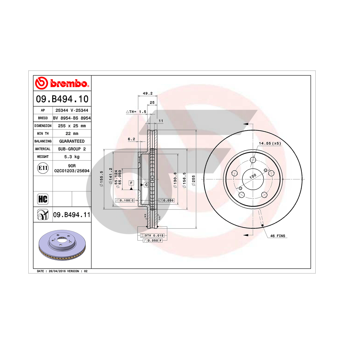 BREMBO จานเบรคหน้า PRIUS 1.8 HYBRID ปี10-ON, CT200H HYBRID ปี10-ON |255MM. 6รู