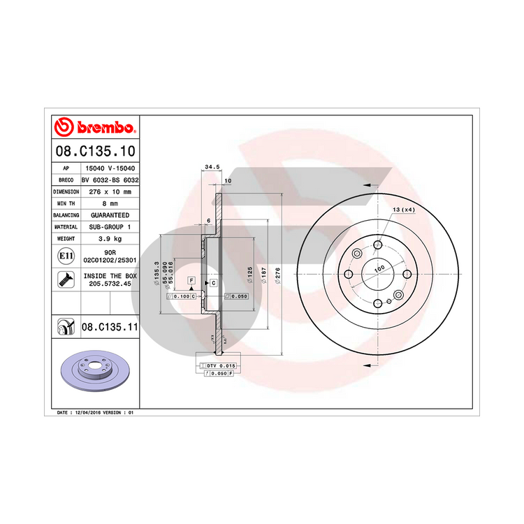 BREMBO จานเบรคหลัง MX-5 NB ปี98-05 | 276 MM. 4รู