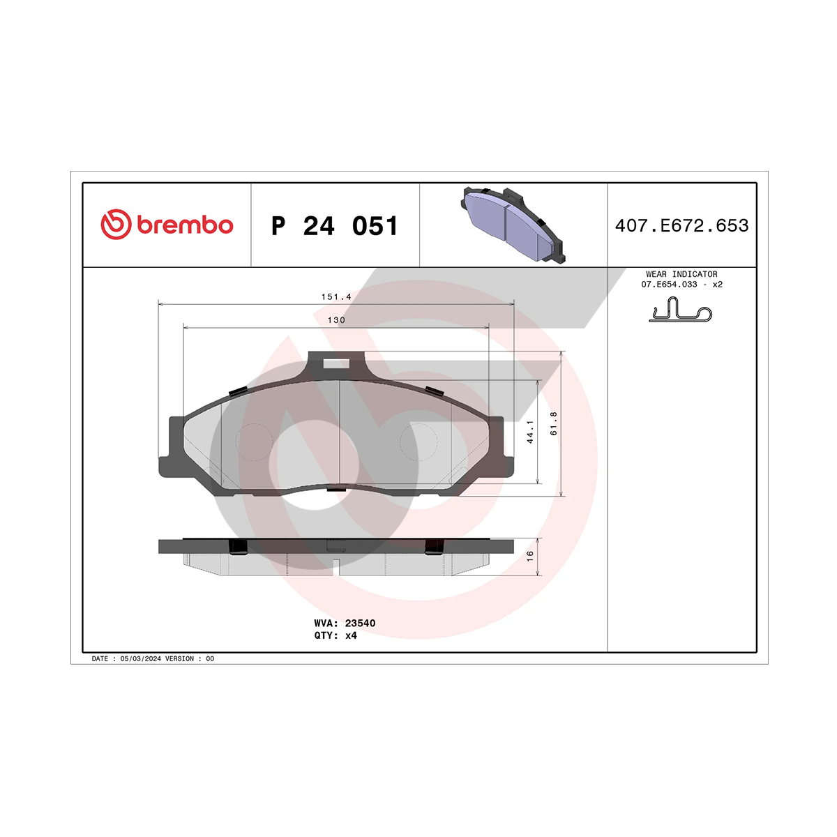 BREMBO ผ้าเบรคหน้า RANGER, FIGHTER 2WD ปี98-02, BT50 2WD ปี06-11