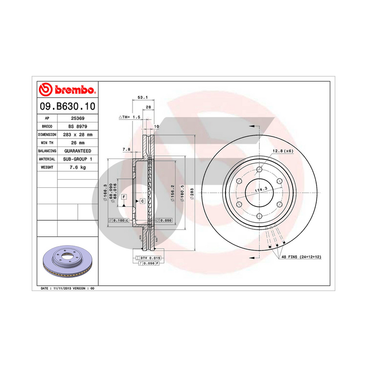 BREMBO จานเบรคหน้า NAVARA 5-SPEED 2WD | 283 MM. 6รู