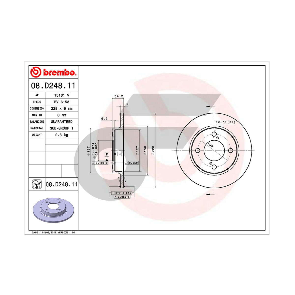 BREMBO จานเบรคหลัง NEW SWIFT 1.2 A2L412 INNER DIA. 136.8 MM ปี18-ON |228MM. 4รู