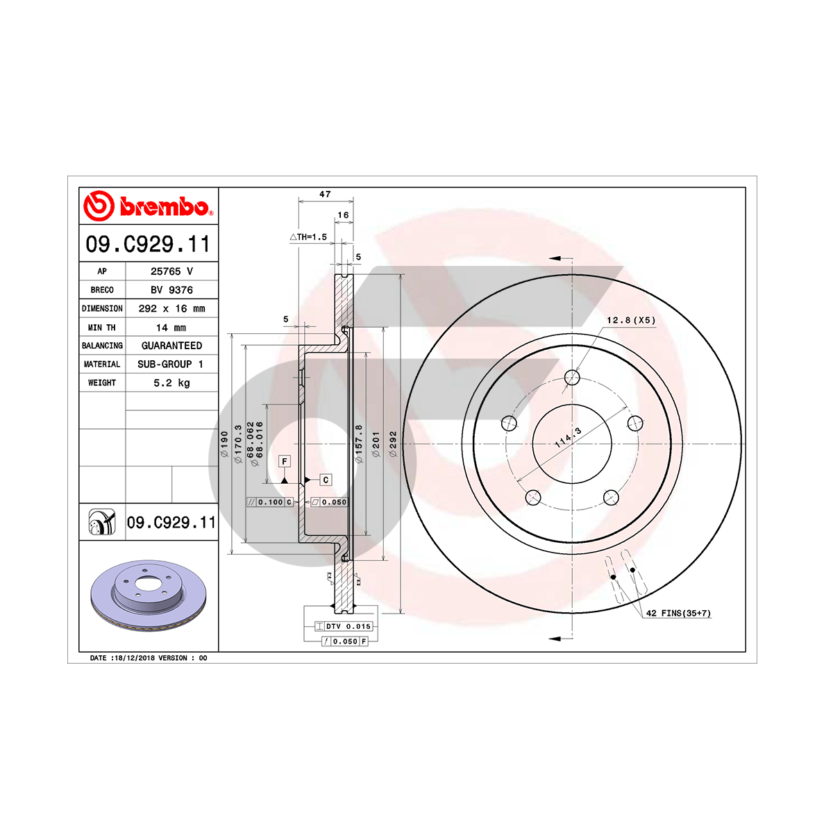 BREMBO จานเบรคหลัง X-TRAIL T32 ปี14-ON |292MM. 5รู