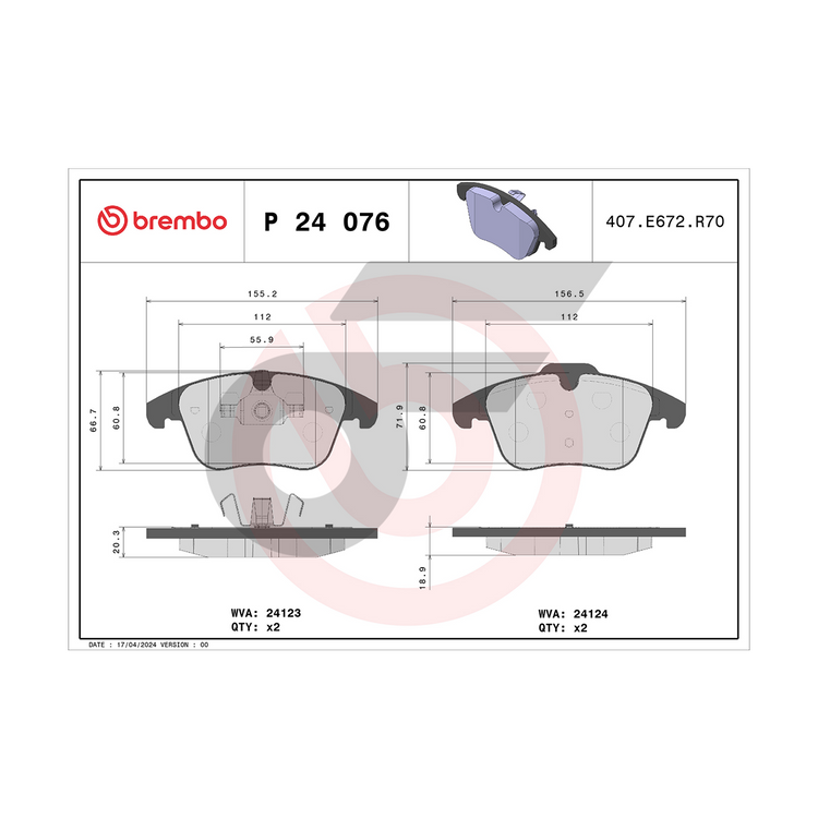 BREMBO ผ้าเบรคหน้า MG GS (1.5T 2.0T) ปี15, MG HS (1.5T PHEV) ปี20