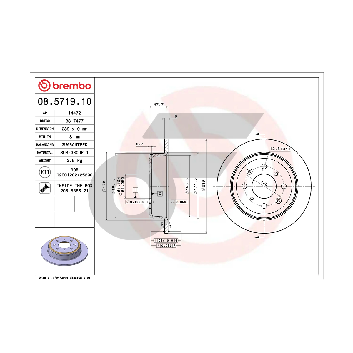 BREMBO จานเบรคหลัง CIVIC EG EK, JAZZ GD, CITY ปี02 | 239 MM. 4รู