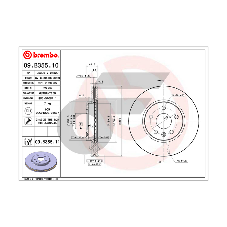 BREMBO จานเบรคหน้า CRUZE 1.6L 1.8L ปี10 | 276 MM. 5รู