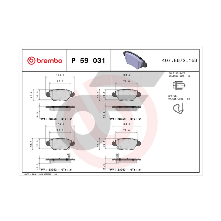 BREMBO ผ้าเบรคหลัง ZAFIRA (1.8 2.2) ปี00-06