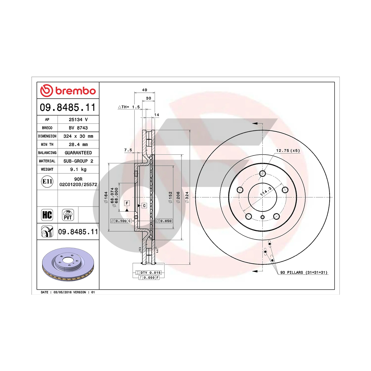 BREMBO จานเบรคหน้า 350Z Z33 (3.5) ปี02-ON | 324 MM. 5รู