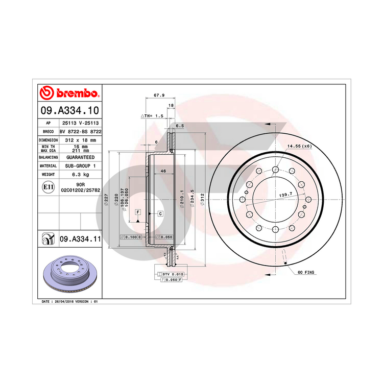 BREMBO จานเบรคหลัง FORTUNER ปี16 TRD, PRADO KDJ12 GRJ12 | 312 MM. 6รู