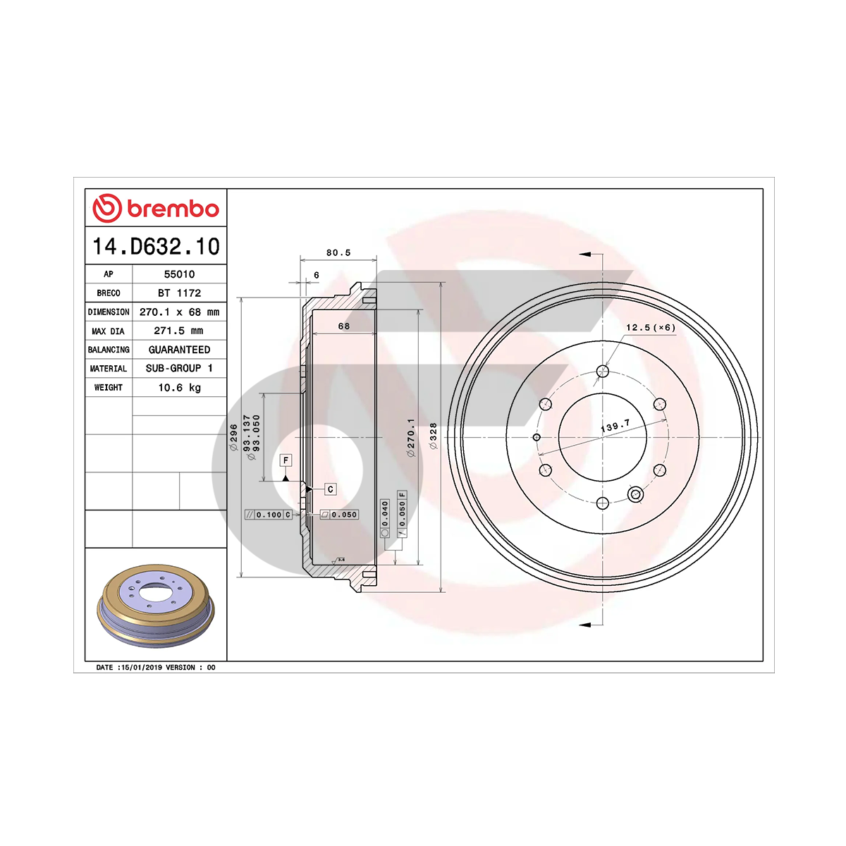 BREMBO จานเบรคหลัง BT50 2WD ปี06, RANGER, FIGHTER 2WD ปี98 | 270 MM. 6รู