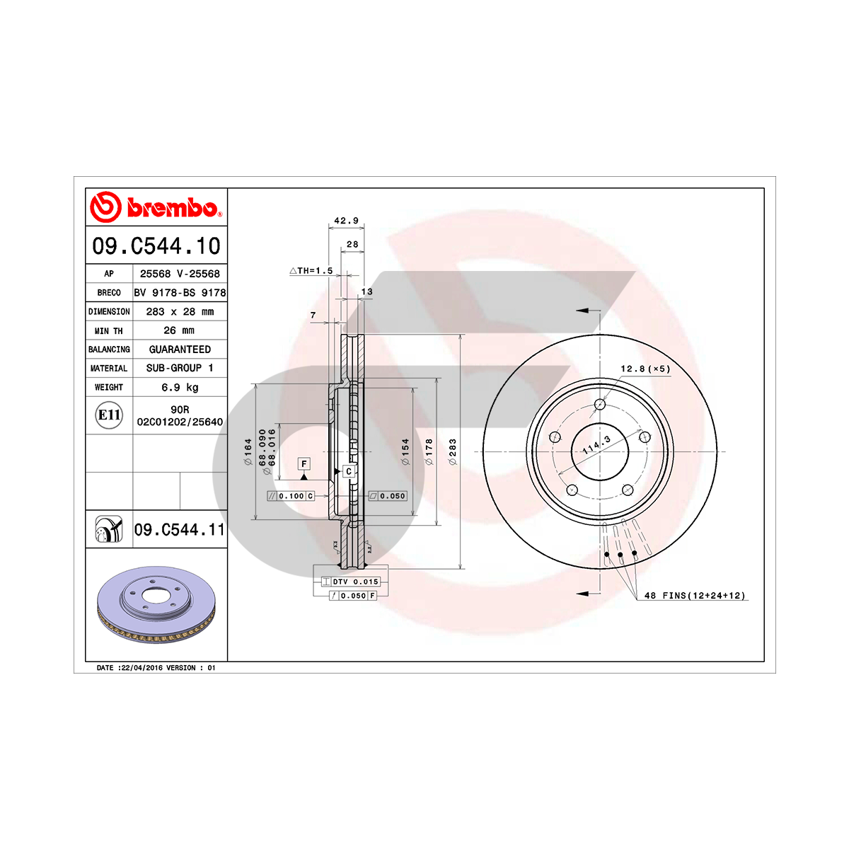 BREMBO จานเบรคหน้า LEAF ZE1 ปี19 ปี19-ON |283MM. 5รู