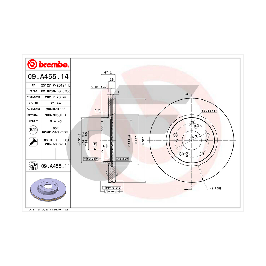 BREMBO จานเบรคหน้า CIVIC 2.0L FD, FB, FC FK ปี16, BRV, ACCORD HYBRID ปี14 | 282 MM. 5รู