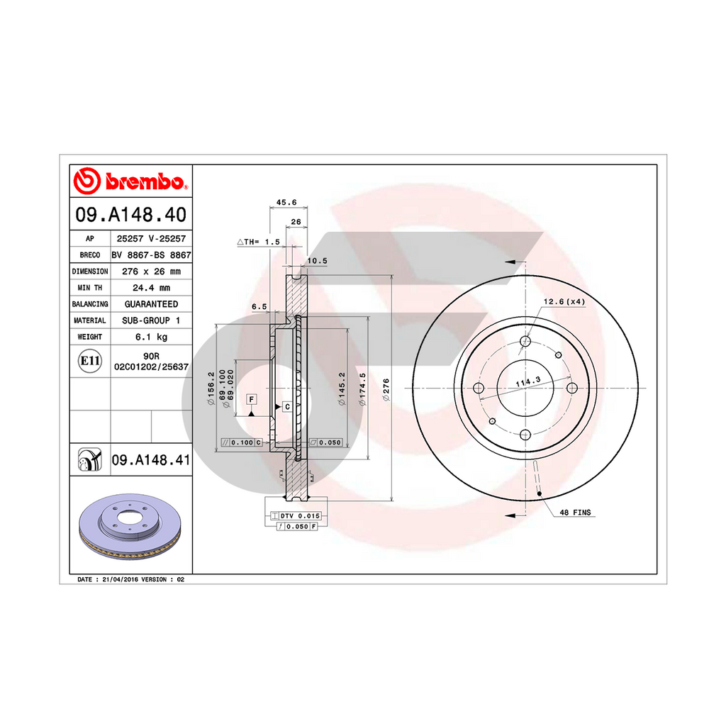 BREMBO จานเบรคหน้า LANCER CS9, CEDIA | 276 MM. 4รู