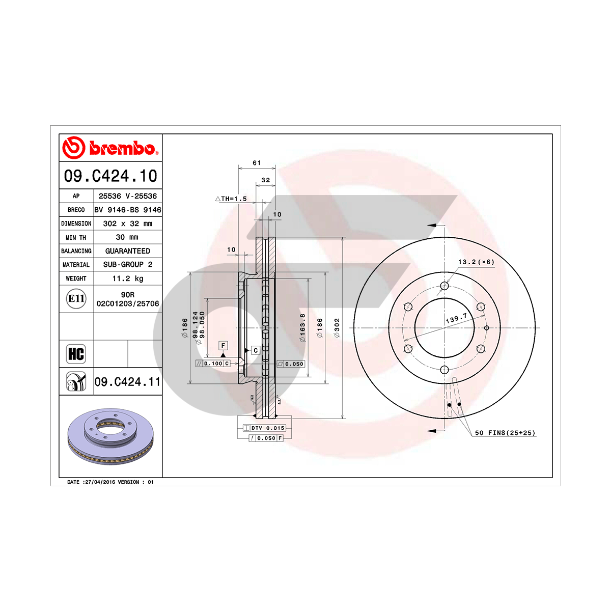 BREMBO จานเบรคหน้า RANGER T6 2WD 4WD 2.2 3.2 HC ปี12-ON, BT-50 PRO 2WD 4WD 2.2 3.2 HC ปี12-20 |302MM. 5รู