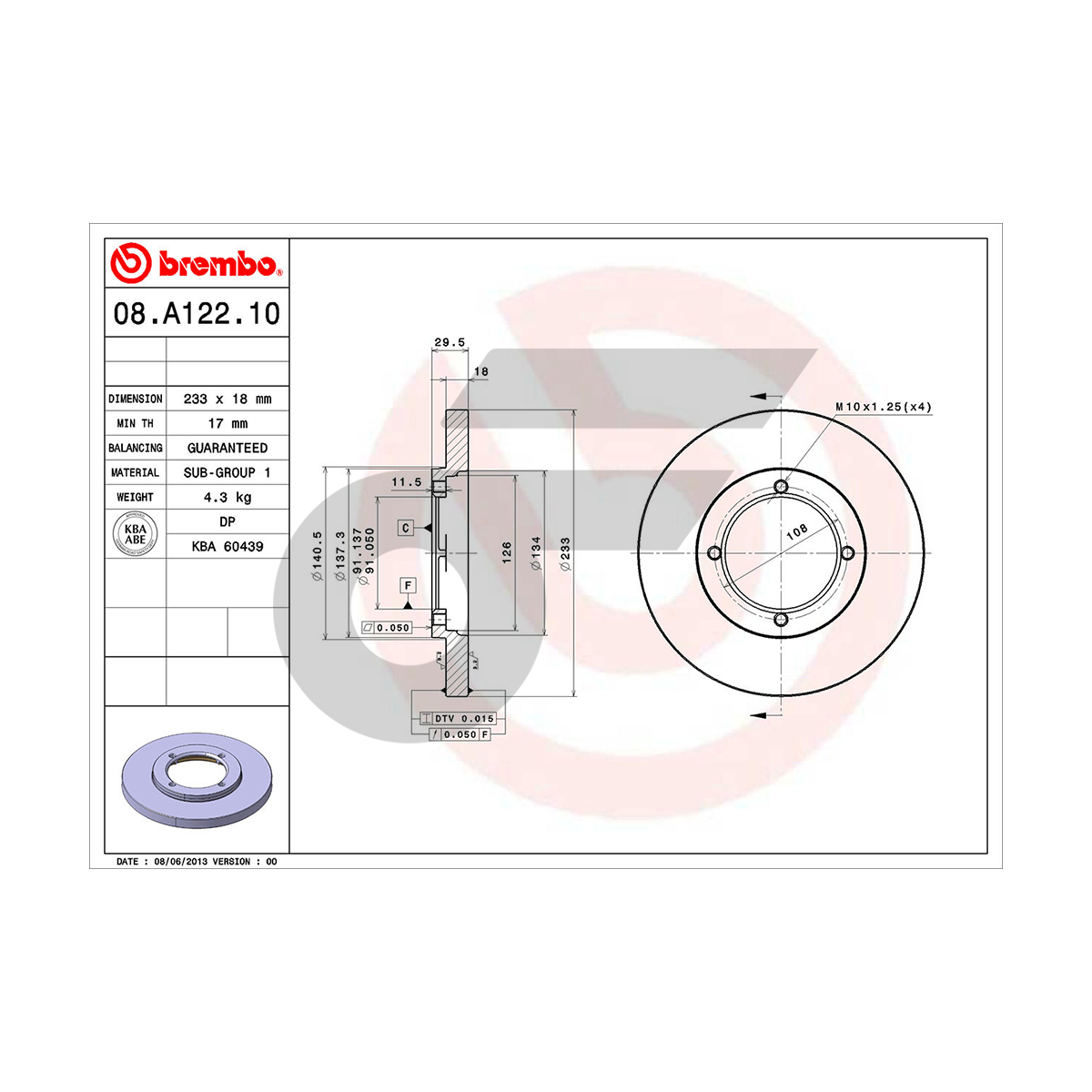 BREMBO จานเบรคหน้า AVANZA 1.3 1.5 ปี04-ON |233MM. 4รู