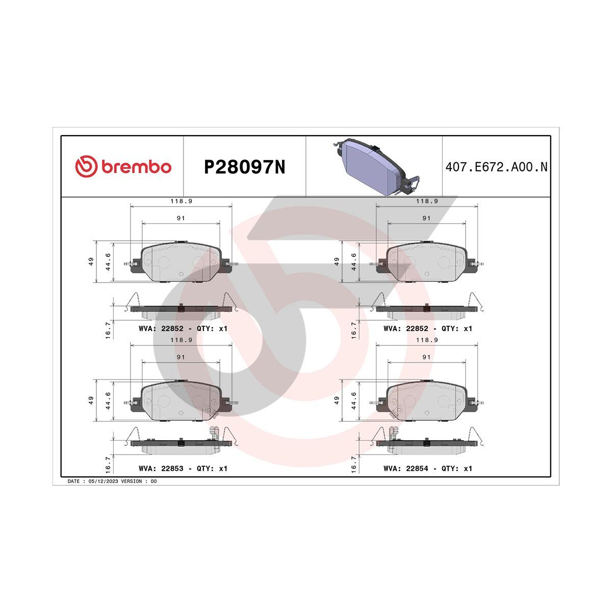 BREMBO ผ้าเบรคหลัง CRV GEN5 1.6 TURBO (ดีเซล), 2.4 (เบนซิน) 2WD 4WD ปี17-ON