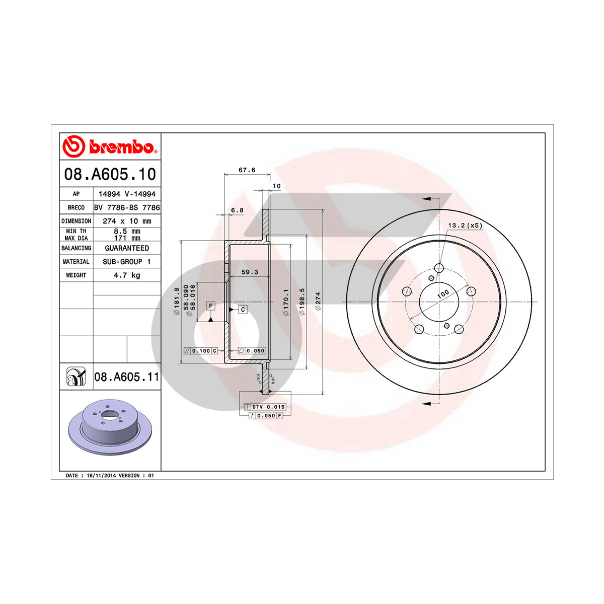 BREMBO จานเบรคหลัง BRZ 2.0, GT86 ปี12-ON, FORESTER SF SG, LEGACY BL BP BR BM 2.0 2.5, OUTBACK, IMPREZA GH7 2.0R GJ7 2.0 ปี '97-ON, '08-ON |290MM. 6รู