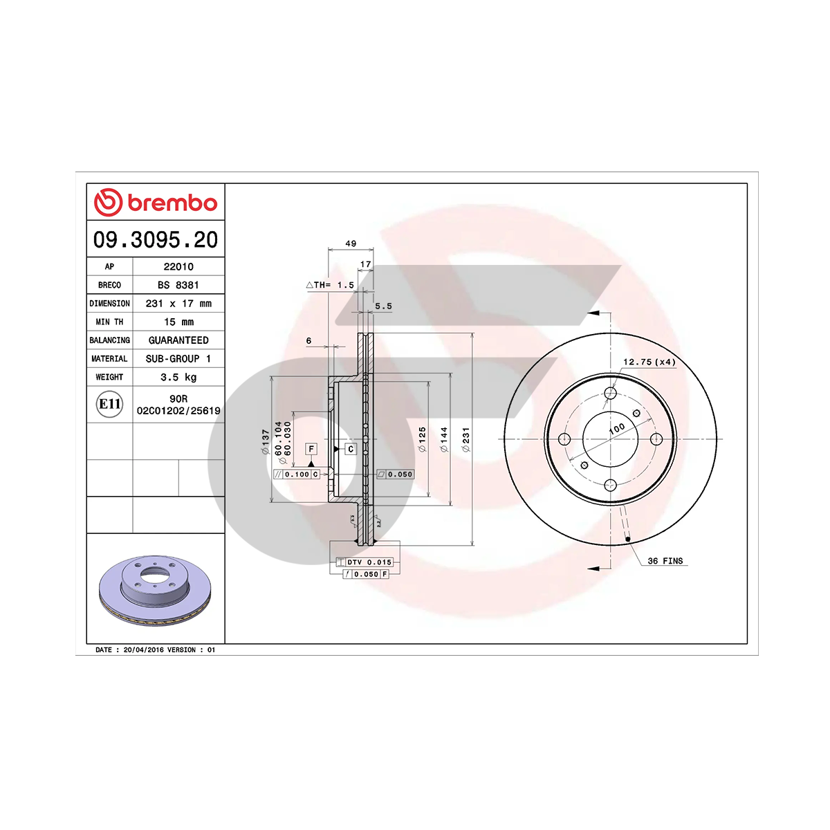 BREMBO จานเบรคหน้า CELERIO 1.0 ปี13-ON | 231 MM. 4รู