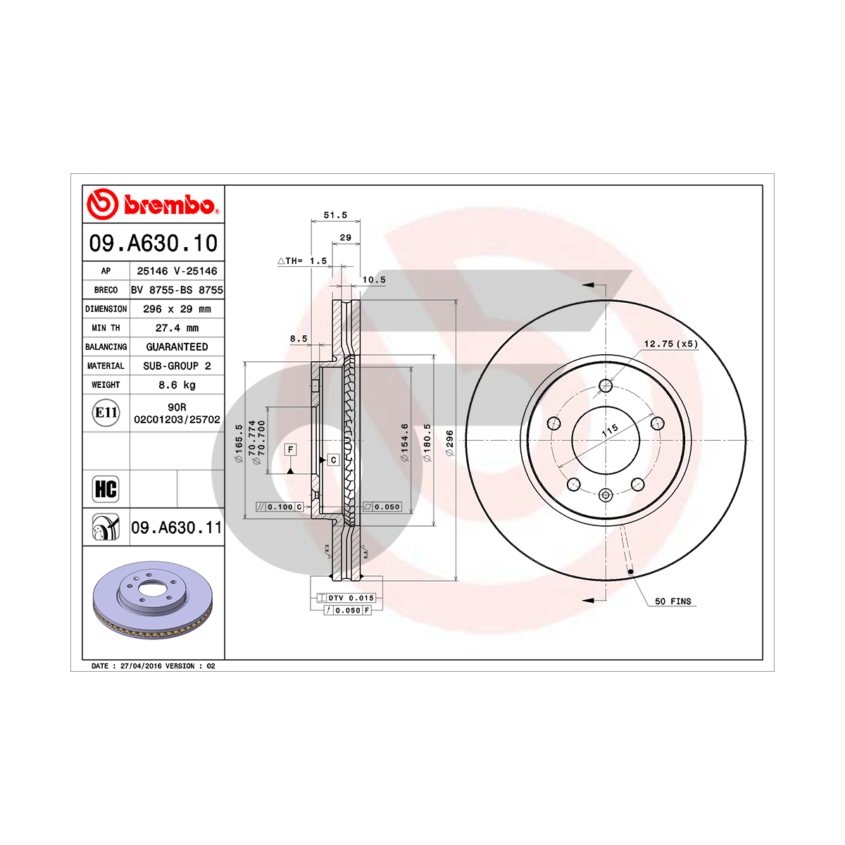 BREMBO จานเบรคหน้า CAPTIVA ปี06-ON |296MM. 4รู