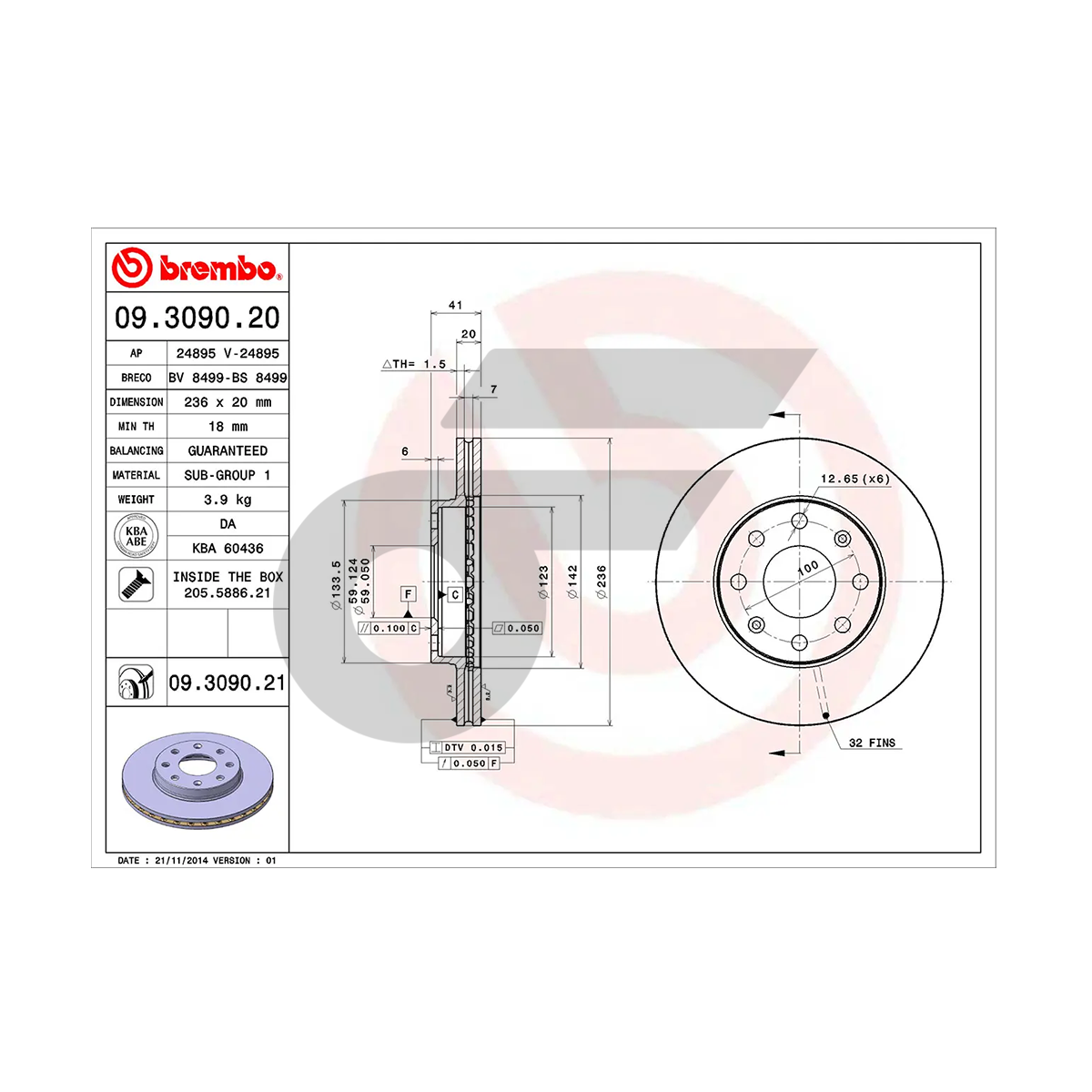 BREMBO จานเบรคหน้า AVEO 1.4L 1.6L | 236 MM. 4รู