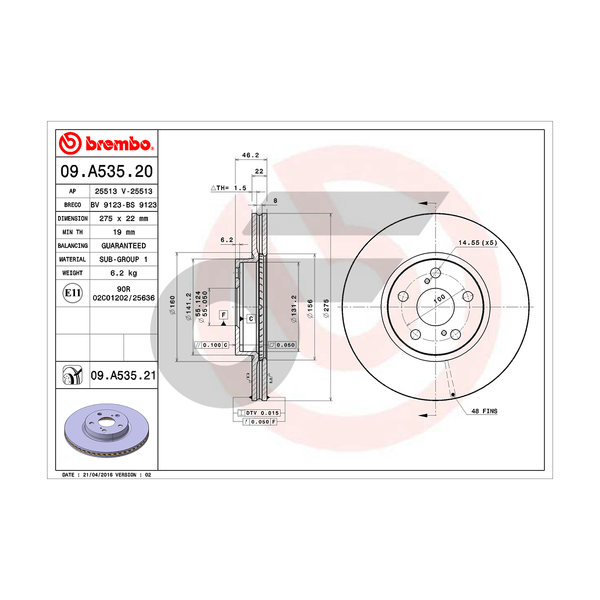 BREMBO จานเบรคหน้า ALTIS DUAL VVTI 1.6 1.8 E140, E170 ปี08-13, ปี13-18, SIENTA 1.5 ปี16-ON |275MM. 6รู