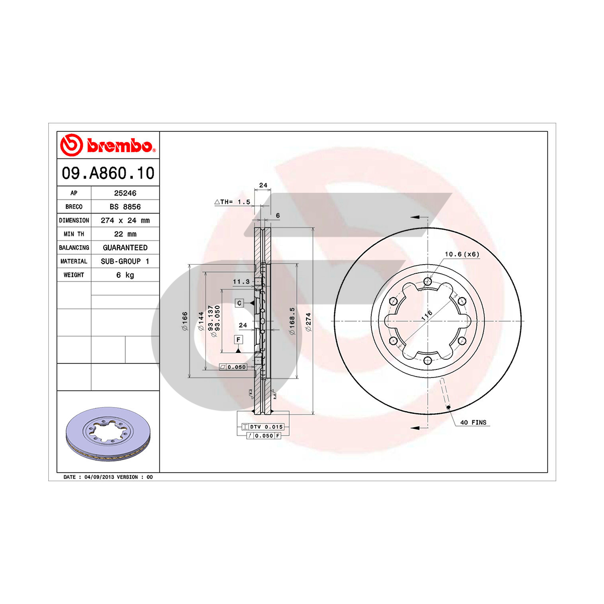 BREMBO จานเบรคหน้า RANGER 4WD ปี98-05, FIGHTER 4WD ปี98-05 |274MM. 5รู