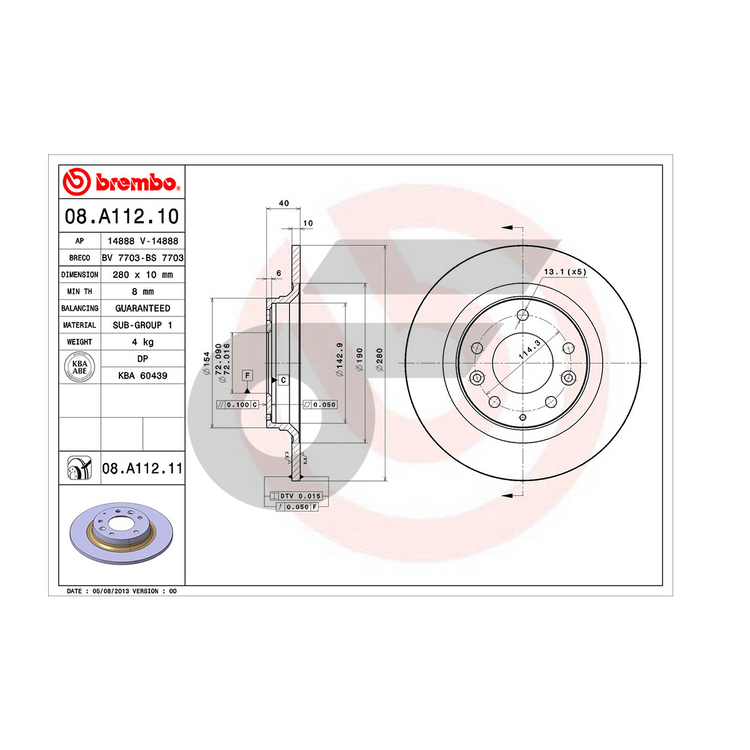 BREMBO จานเบรคหลัง MX-5 NC ปี05-14 | 280 MM. 5รู