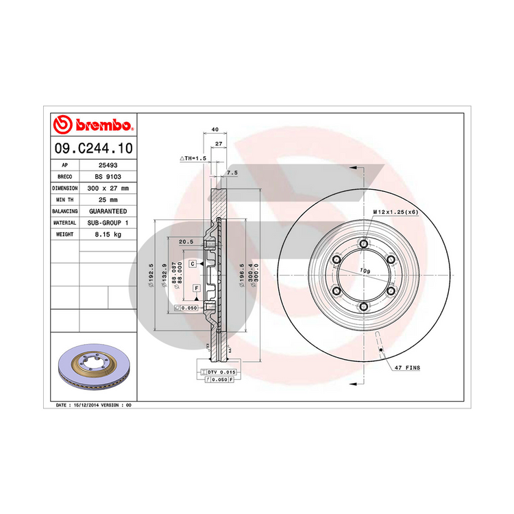 BREMBO จานเบรคหน้า ALL NEW DMAX 4WD ปี12, TFR16 1.9L, MU-X TRAILBLAZER | 300 MM. 6รู