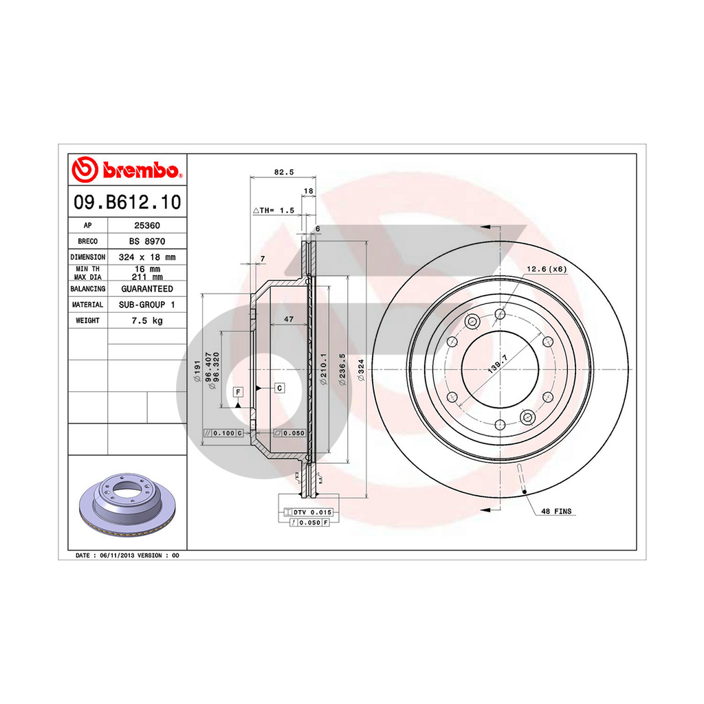 BREMBO จานเบรคหลัง H1 ปี08 | 324 MM. 6รู