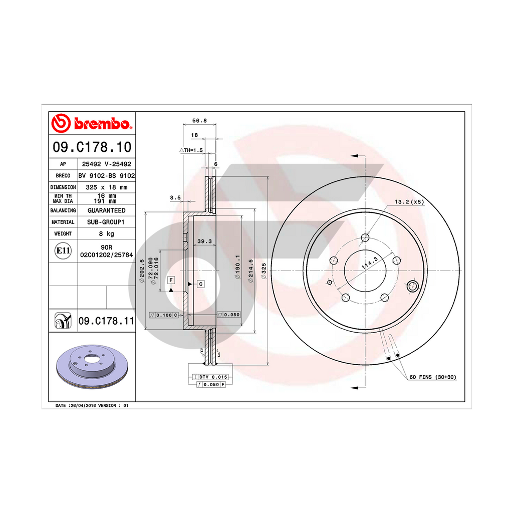 BREMBO จานเบรคหลัง CX-7 ปี07, CX9 ปี09 | 325 MM. 5รู