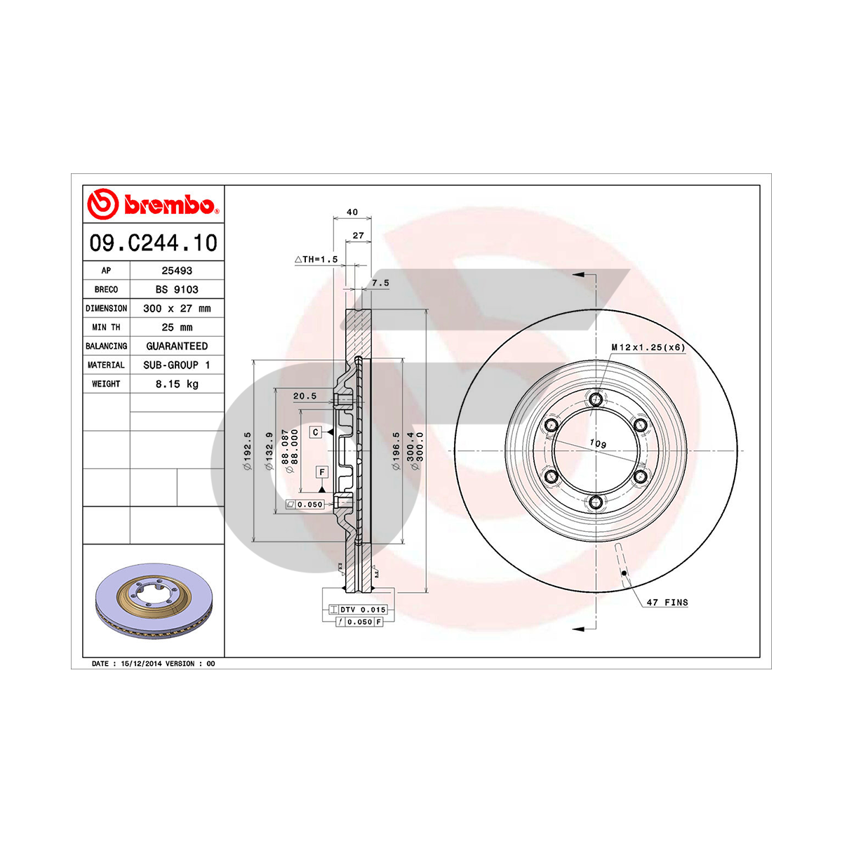BREMBO จานเบรคหน้า NEW COLORADO สูง, TRAILBLAZER ปี12-ON, ALL NEW DMAX 4WD V-CROSS 1.9 DDI, MU-X ปี12-ON |300MM. 5รู