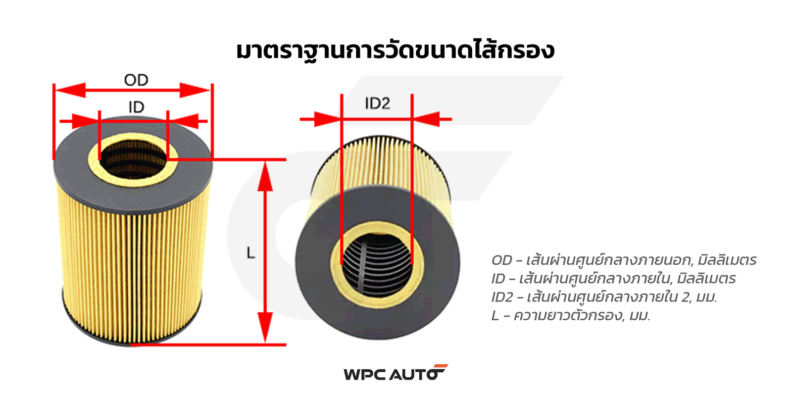 Size chart for HIBRID ไส้กรองน้ำมันเครื่อง RANGER T6, BT-50 PRO ลูกกระดาษ